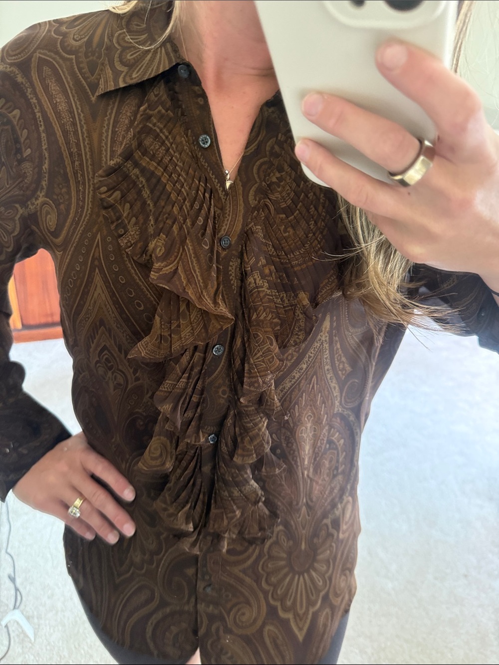 Ralph Lauren 100% silk Ruffled Paisley Long-Sleeve Blouse - Brown size large - Picture 3 of 11